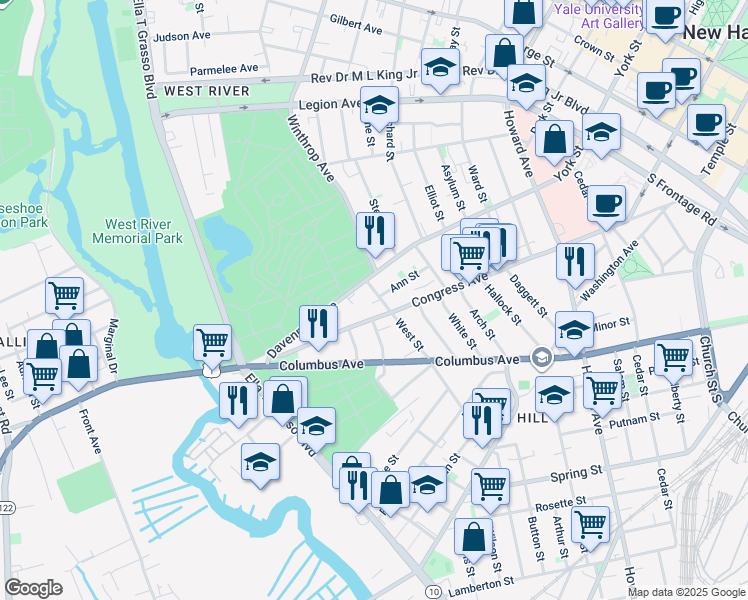 map of restaurants, bars, coffee shops, grocery stores, and more near 210 West Street in New Haven