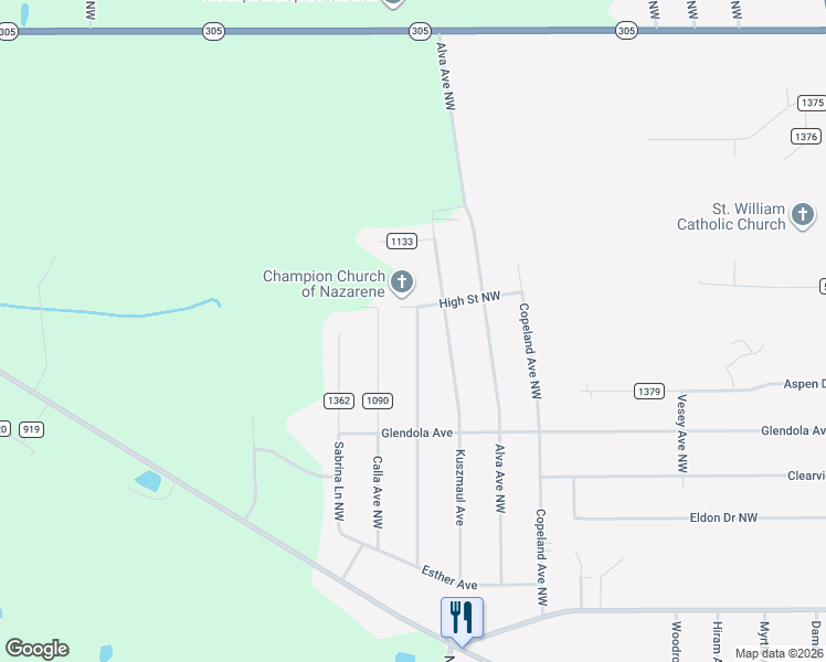 map of restaurants, bars, coffee shops, grocery stores, and more near 5299 Craig Avenue Northwest in Warren