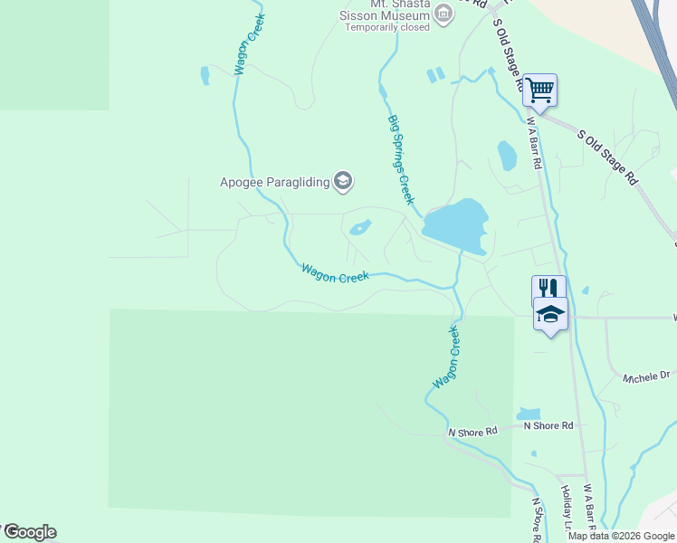 map of restaurants, bars, coffee shops, grocery stores, and more near 1644 North Shasta Ranch Road in Mount Shasta