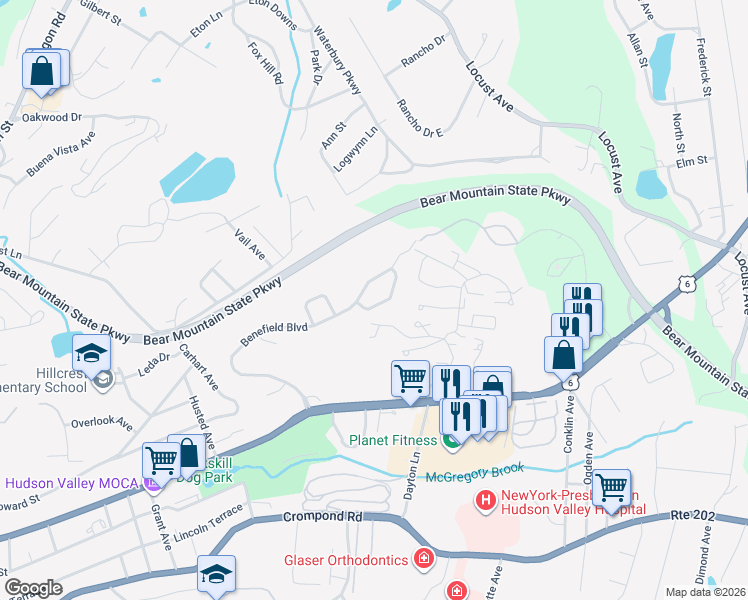 map of restaurants, bars, coffee shops, grocery stores, and more near 6 Mackellar Court in Peekskill