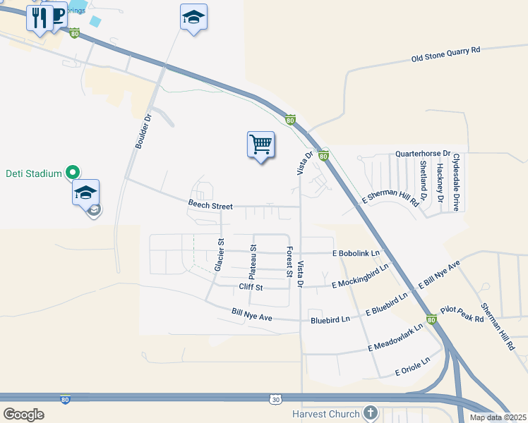 map of restaurants, bars, coffee shops, grocery stores, and more near 1713 Mercil Court in Laramie
