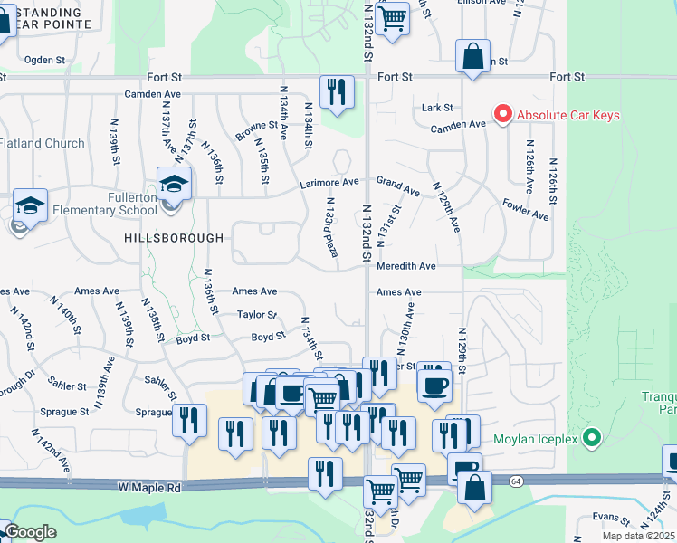 map of restaurants, bars, coffee shops, grocery stores, and more near 13243 Meredith Avenue in Omaha