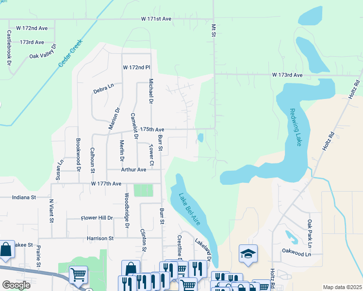 map of restaurants, bars, coffee shops, grocery stores, and more near 17524 Sunrise Drive in Lowell