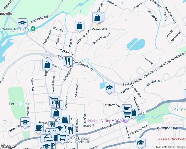 map of restaurants, bars, coffee shops, grocery stores, and more near 1 Rolling Way in Peekskill