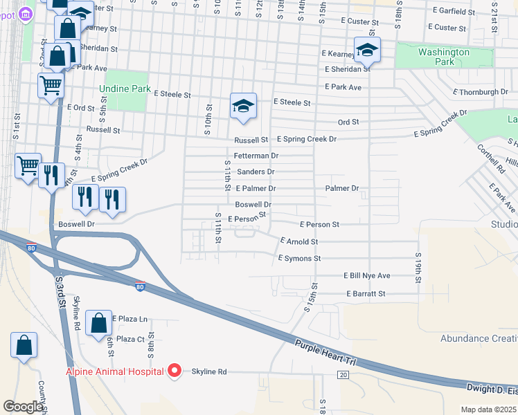 map of restaurants, bars, coffee shops, grocery stores, and more near 1210 Boswell Drive in Laramie