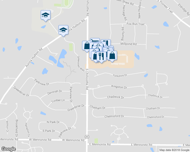 map of restaurants, bars, coffee shops, grocery stores, and more near 14 Yorkshire Drive in Aurora