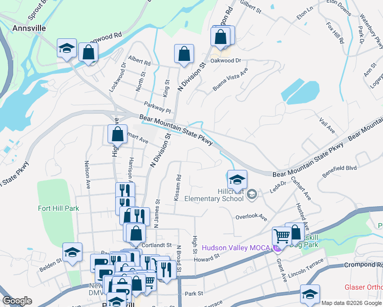 map of restaurants, bars, coffee shops, grocery stores, and more near 632 Kissam Road in Peekskill