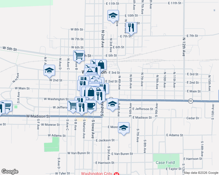 map of restaurants, bars, coffee shops, grocery stores, and more near 222 East Main Street in Washington
