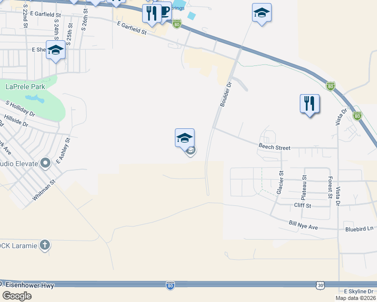 map of restaurants, bars, coffee shops, grocery stores, and more near 1125 Boulder Drive in Laramie