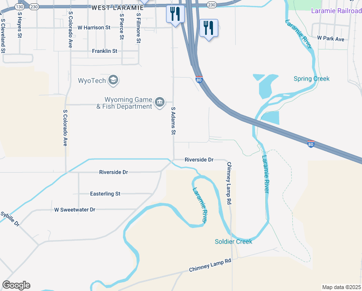 map of restaurants, bars, coffee shops, grocery stores, and more near 1482 Commerce Drive in Laramie