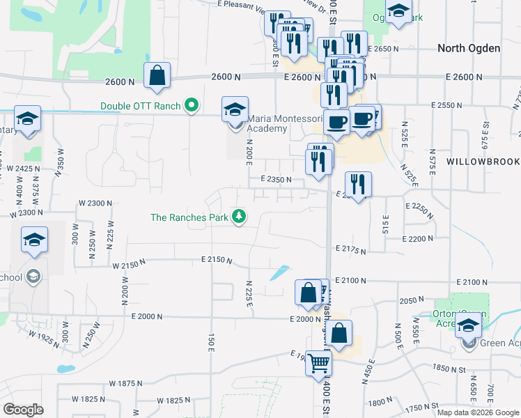 map of restaurants, bars, coffee shops, grocery stores, and more near 2265 North 225 East in North Ogden