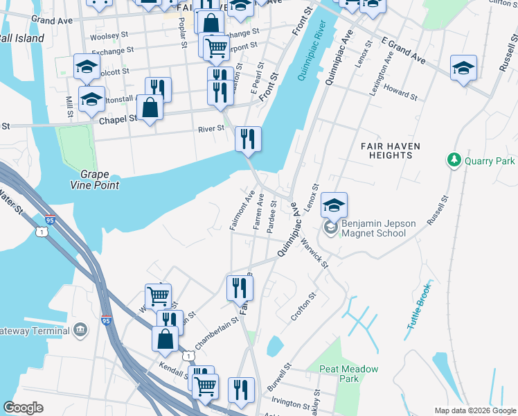 map of restaurants, bars, coffee shops, grocery stores, and more near 182 Farren Avenue in New Haven