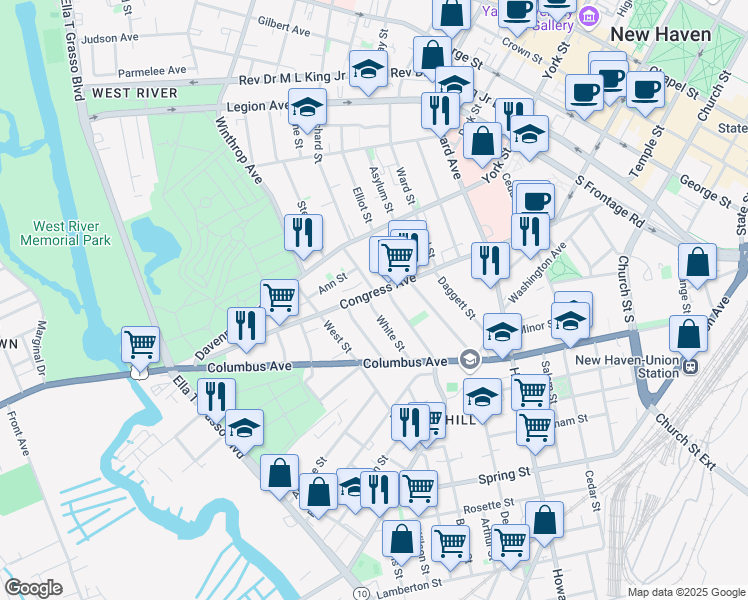 map of restaurants, bars, coffee shops, grocery stores, and more near 698 Congress Avenue in New Haven