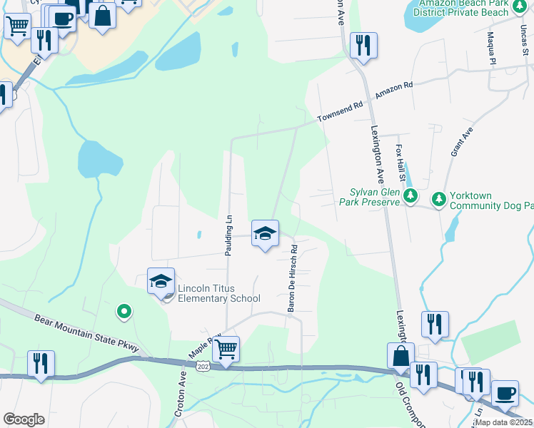 map of restaurants, bars, coffee shops, grocery stores, and more near 90 Baron De Hirsch Road in Crompond