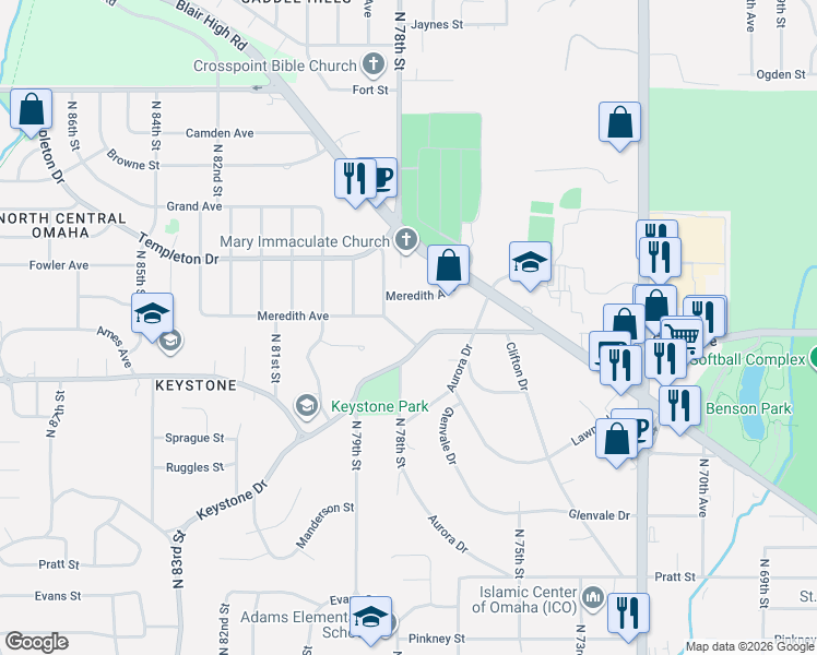 map of restaurants, bars, coffee shops, grocery stores, and more near 4417 North 78th Avenue in Omaha