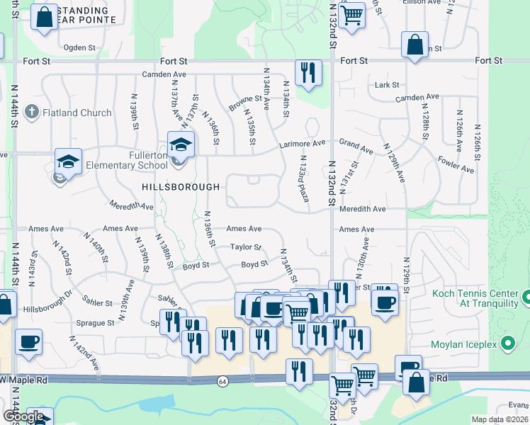 map of restaurants, bars, coffee shops, grocery stores, and more near 13325 Meredith Avenue in Omaha