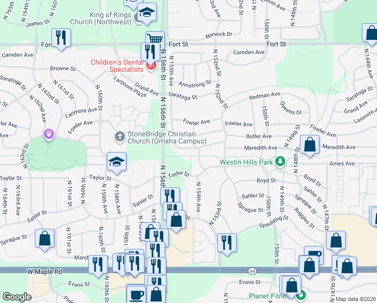 map of restaurants, bars, coffee shops, grocery stores, and more near 15419 Meredith Avenue in Omaha
