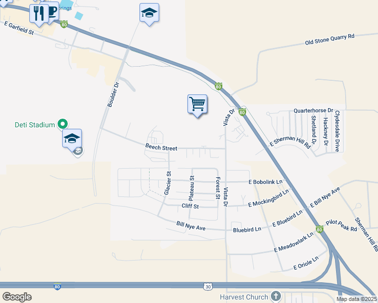 map of restaurants, bars, coffee shops, grocery stores, and more near 1703 Walsh Court in Laramie