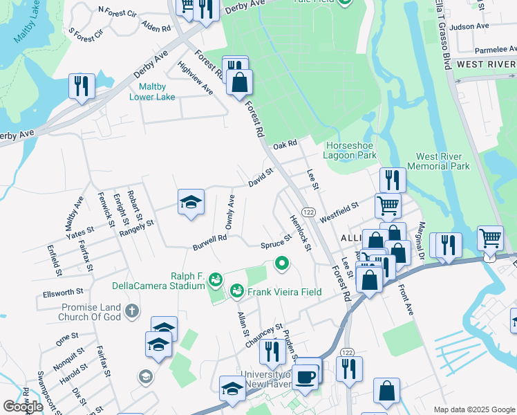 map of restaurants, bars, coffee shops, grocery stores, and more near 45 Birch Street in West Haven