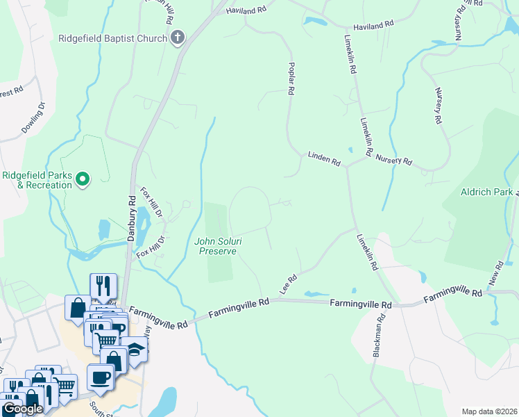 map of restaurants, bars, coffee shops, grocery stores, and more near 125 Norrans Ridge Drive in Ridgefield
