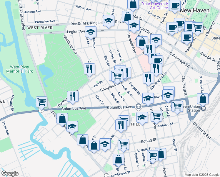 map of restaurants, bars, coffee shops, grocery stores, and more near 672 Congress Avenue in New Haven