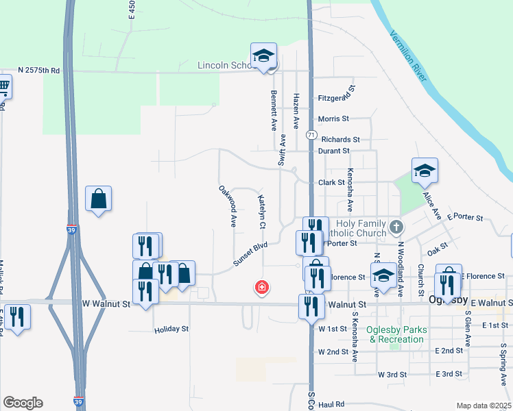 map of restaurants, bars, coffee shops, grocery stores, and more near 111 Katelyn Court in Oglesby