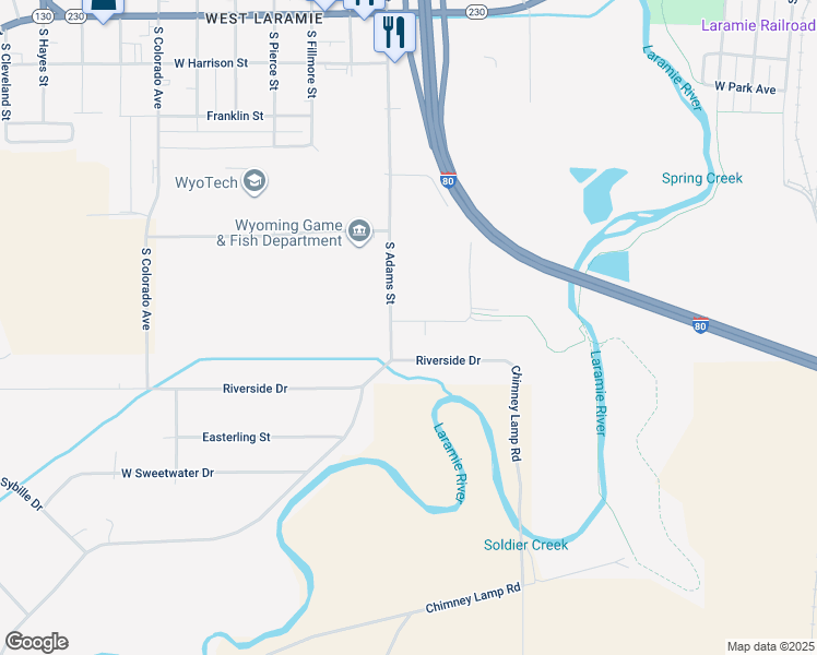 map of restaurants, bars, coffee shops, grocery stores, and more near 1482 Commerce Drive in Laramie