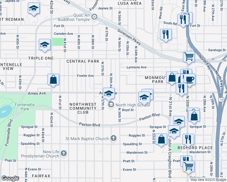 map of restaurants, bars, coffee shops, grocery stores, and more near 3614 Ames Avenue in Omaha