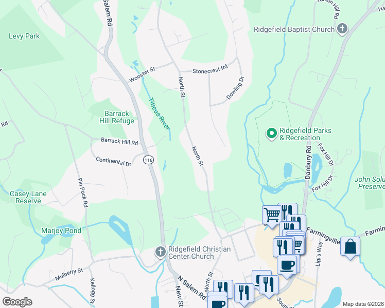 map of restaurants, bars, coffee shops, grocery stores, and more near 157 North Street in Ridgefield