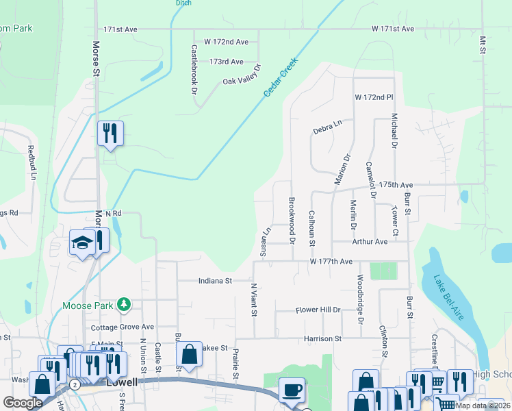 map of restaurants, bars, coffee shops, grocery stores, and more near 17590 Susan Ln in Lowell