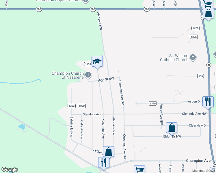 map of restaurants, bars, coffee shops, grocery stores, and more near 5293 Alva Avenue Northwest in Warren