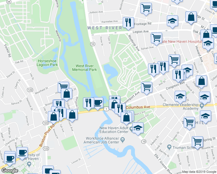 map of restaurants, bars, coffee shops, grocery stores, and more near 915 Ella T Grasso Blvd in New Haven