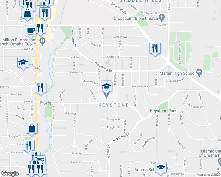 map of restaurants, bars, coffee shops, grocery stores, and more near 8314-1/2 Boyd Street in Omaha