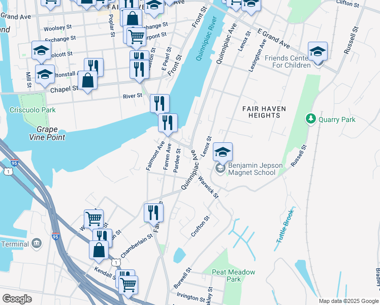 map of restaurants, bars, coffee shops, grocery stores, and more near 85 Pardee Street in New Haven