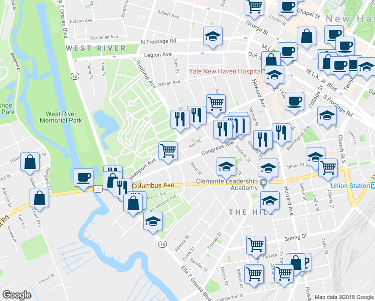 map of restaurants, bars, coffee shops, grocery stores, and more near 763 Congress Avenue in New Haven