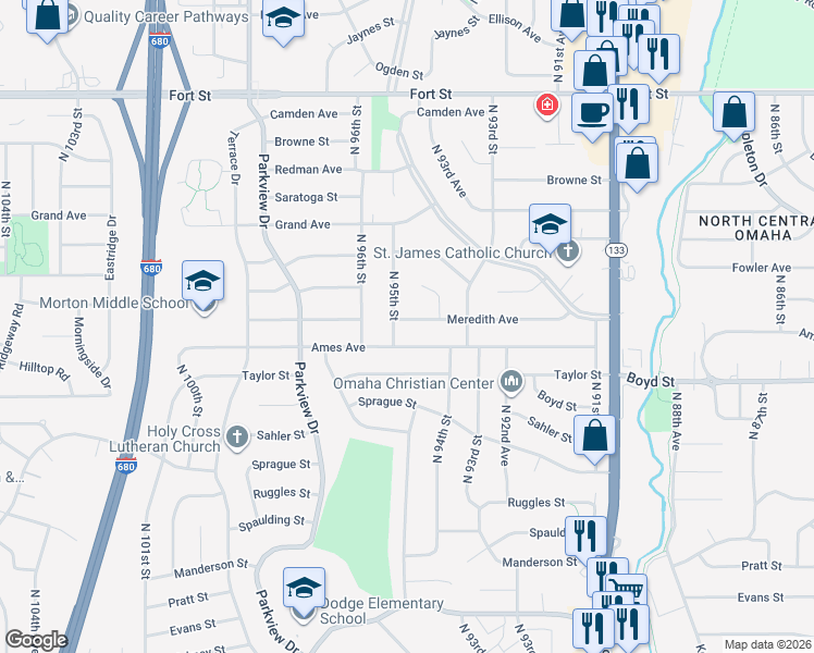 map of restaurants, bars, coffee shops, grocery stores, and more near 4512 North 95th Street in Omaha
