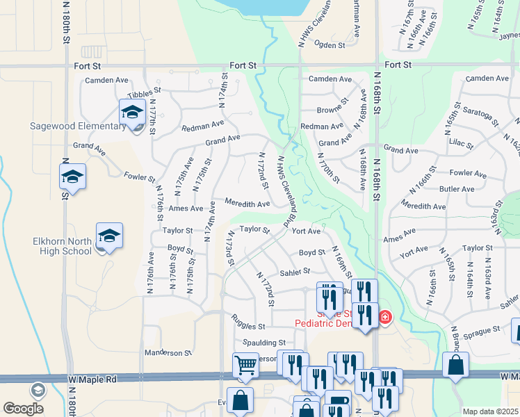 map of restaurants, bars, coffee shops, grocery stores, and more near 17211 Meredith Avenue in Omaha