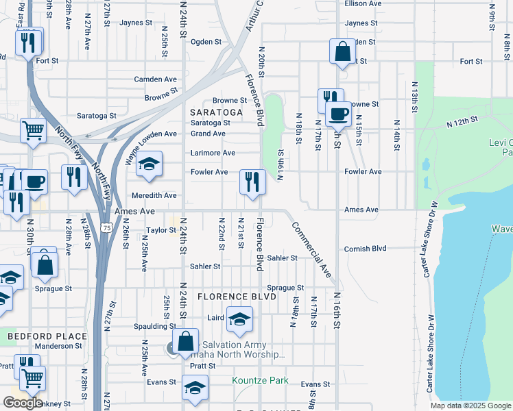 map of restaurants, bars, coffee shops, grocery stores, and more near 2017 Ames Avenue in Omaha