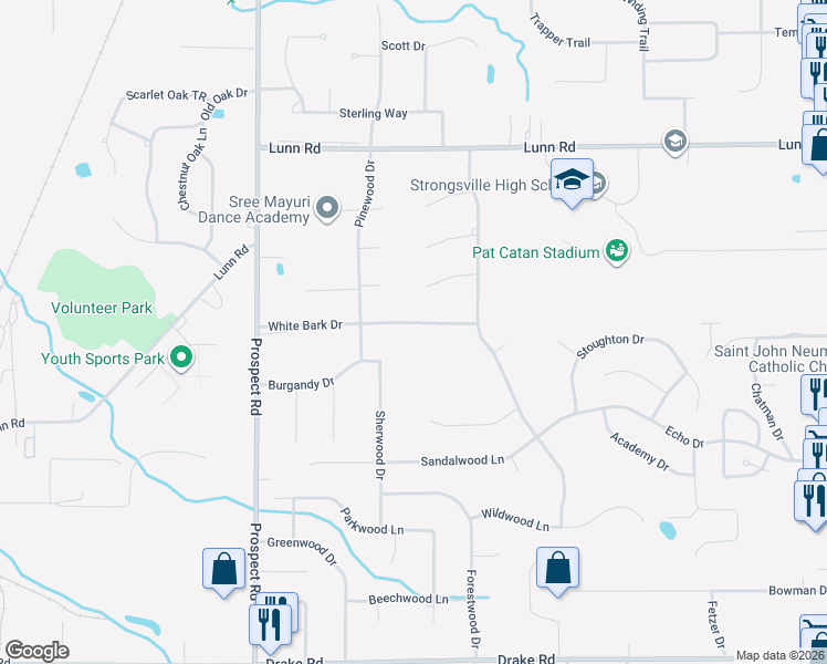 map of restaurants, bars, coffee shops, grocery stores, and more near 20487 White Bark Drive in Strongsville