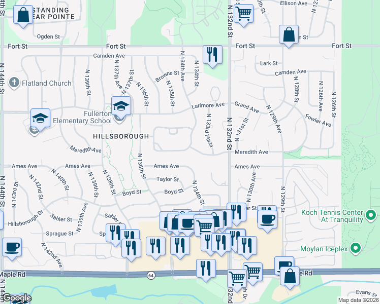 map of restaurants, bars, coffee shops, grocery stores, and more near 13325 Meredith Avenue in Omaha