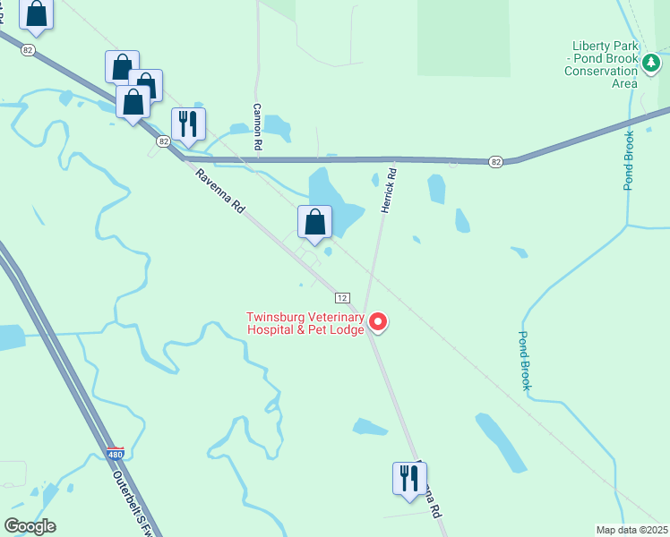 map of restaurants, bars, coffee shops, grocery stores, and more near 8901 Ravenna Road in Twinsburg