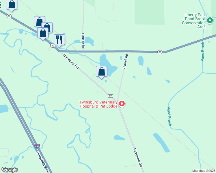 map of restaurants, bars, coffee shops, grocery stores, and more near 8901 Ravenna Road in Twinsburg