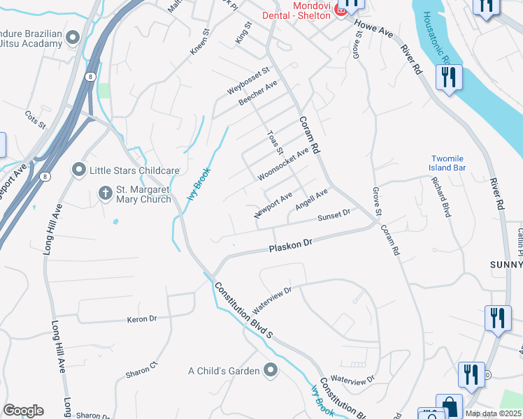 map of restaurants, bars, coffee shops, grocery stores, and more near 7 De Marchis Drive in Shelton