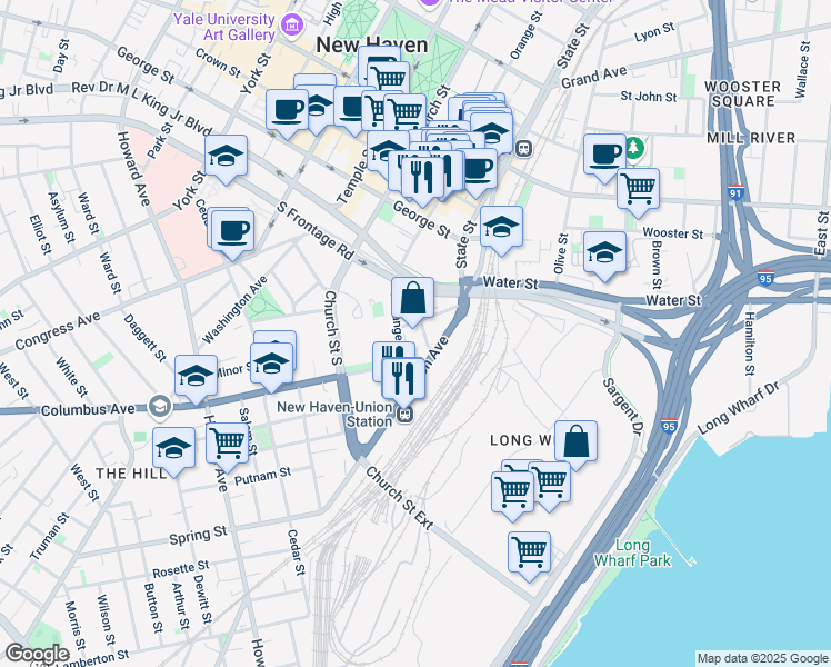 map of restaurants, bars, coffee shops, grocery stores, and more near 25-29 Union Avenue in New Haven