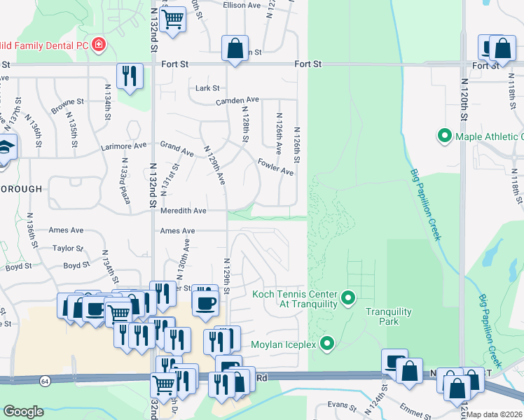 map of restaurants, bars, coffee shops, grocery stores, and more near 12659 Meredith Avenue in Omaha
