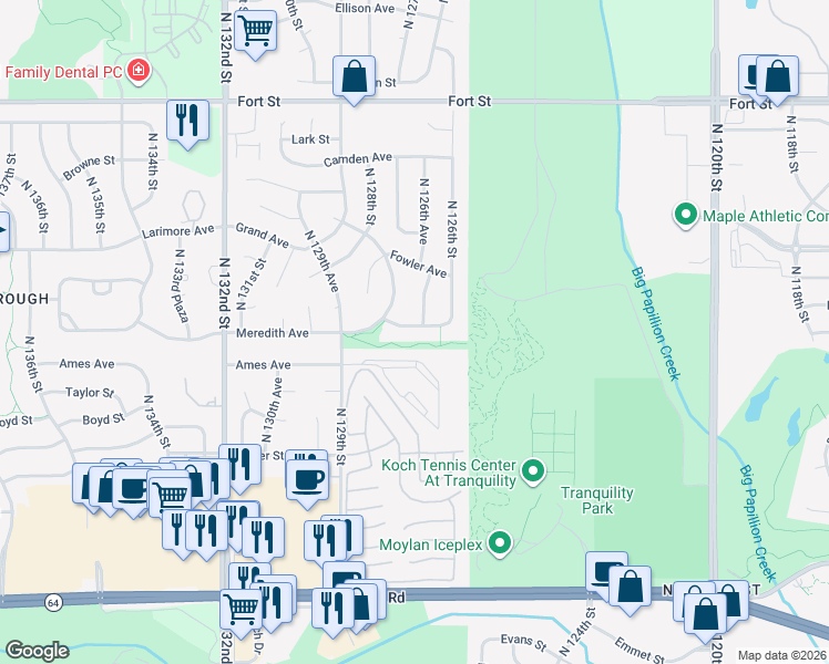 map of restaurants, bars, coffee shops, grocery stores, and more near 12659 Meredith Avenue in Omaha