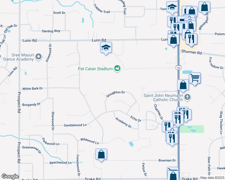 map of restaurants, bars, coffee shops, grocery stores, and more near 19816 Stoughton Drive in Strongsville