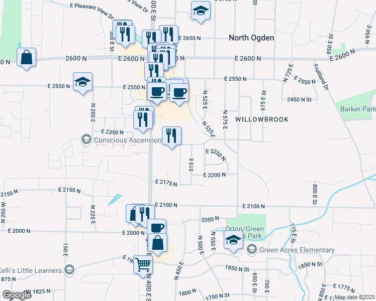 map of restaurants, bars, coffee shops, grocery stores, and more near 2265 515 East in North Ogden