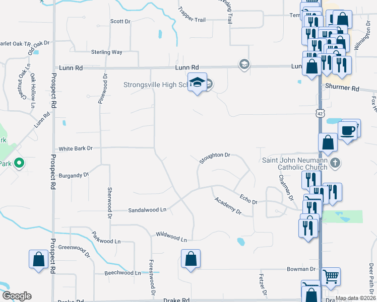 map of restaurants, bars, coffee shops, grocery stores, and more near 19860 Benwood Court in Strongsville
