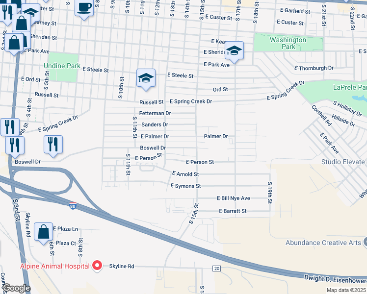 map of restaurants, bars, coffee shops, grocery stores, and more near 1416-1498 Boswell Drive in Laramie